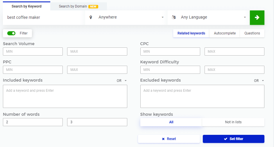 KWFinder Review : Filtering