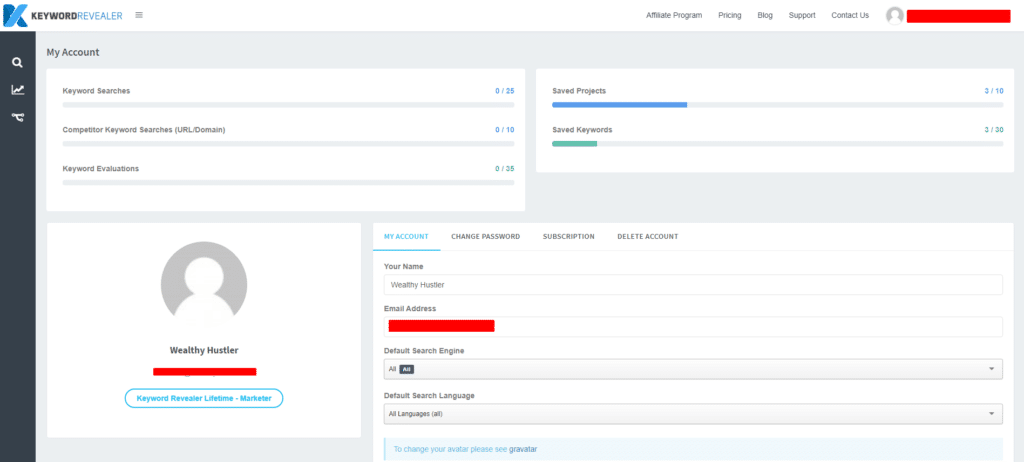 Here is a quick screenshot of Keyword Revealer's Dashboard.